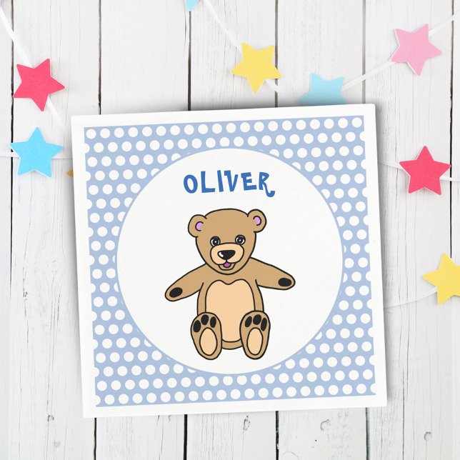 Cute Teddy Bear Blue Kids Name Birthday Party Napkin (Creator Uploaded)