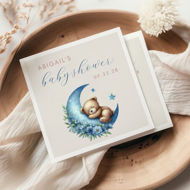 Cute Teddy Bear Blue Moon Boy Baby Shower Napkin (Creator Uploaded)