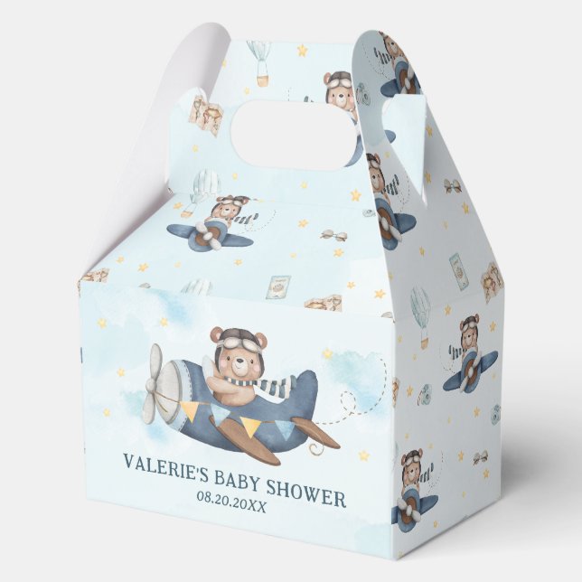 Cute Teddy Bear Blue Plane Boy Baby Shower  Favour Box (Front)