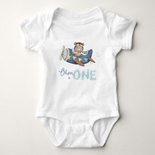 Cute Teddy Bear Blue Plane One 1st Birthday Outfit Baby Bodysuit