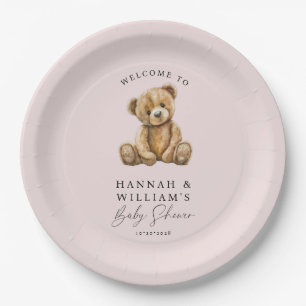 Cute Teddy Bear Blush Pink Girl Baby Shower Paper Plate
