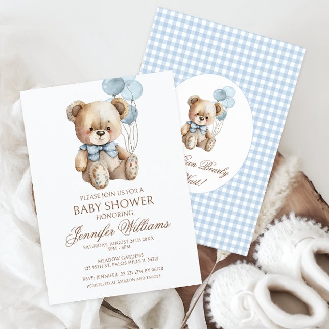 Cute Teddy Bear Bow Balloon Baby Boy Shower Invitation (Creator Uploaded)