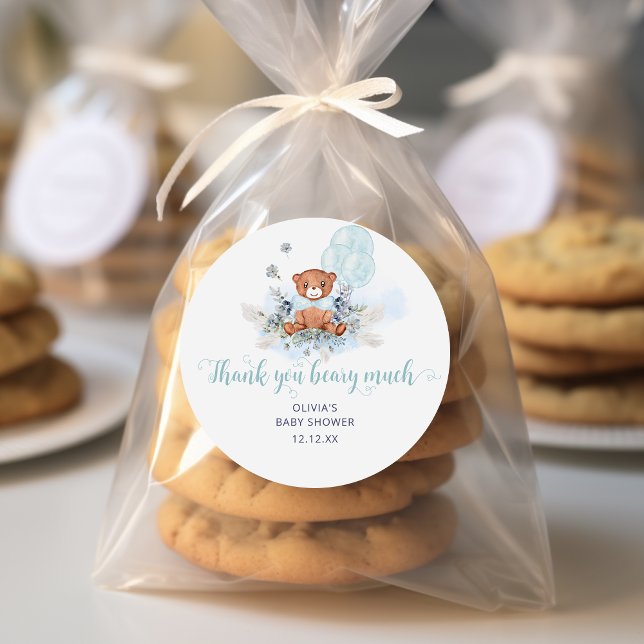 Cute Teddy Bear Boy Baby Shower Classic Round Sticker (Creator Uploaded)