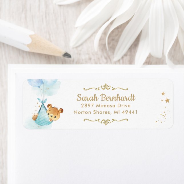 Cute Teddy Bear Boy Baby Shower Return Address Label (Insitu)