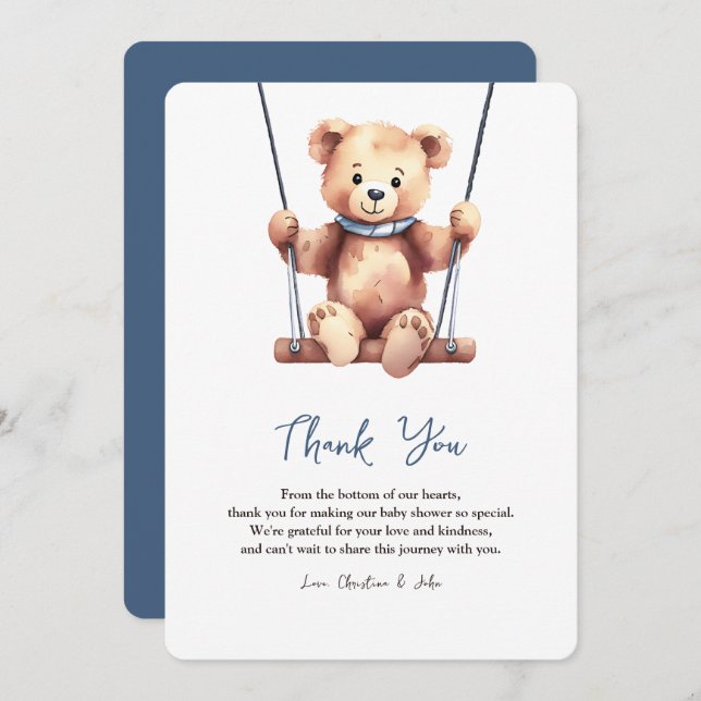 Cute Teddy Bear Boy Baby Shower Thank You Card (Front/Back)