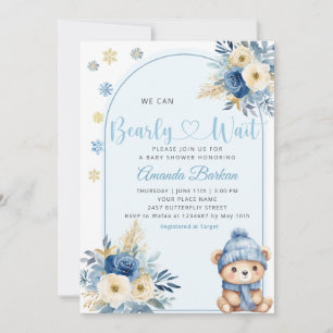 Cute Teddy Bear Boy Blue Bearly Wait Baby Shower Invitation