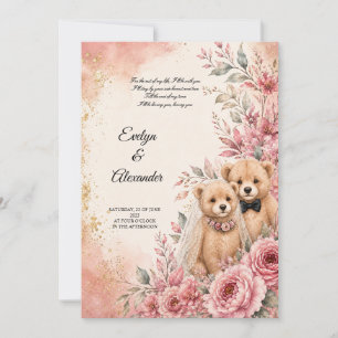 Cute Teddy Bear Bride and Groom Pink Floral Invitation