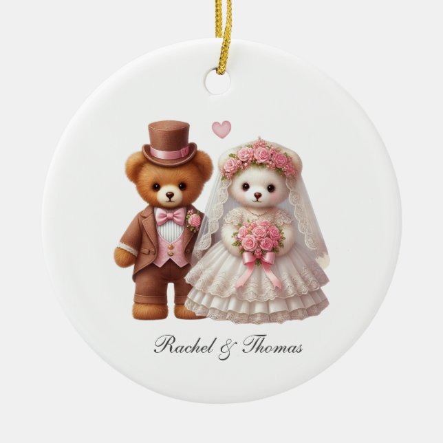 Cute Teddy Bear Bride And Groom Wedding  Ceramic Ornament (Front)