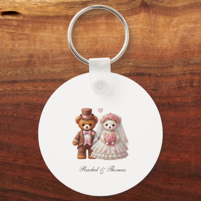Cute Teddy Bear Bride And Groom Wedding  Key Ring (Front)