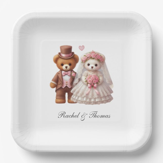 Cute Teddy Bear Bride And Groom Wedding  Paper Plate (Front)