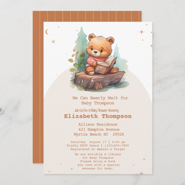 Cute Teddy Bear Bring a Book Baby Shower Invitation (Front/Back)
