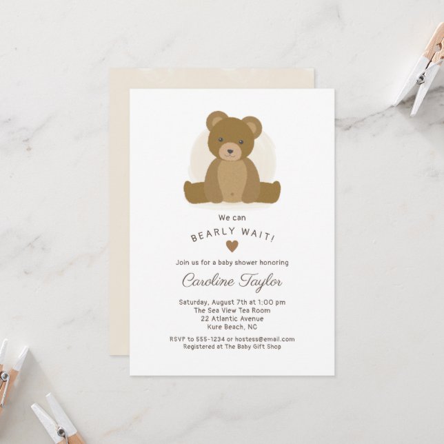 Cute Teddy Bear Brown Baby Shower Invitation (Front/Back In Situ)