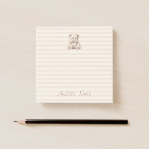 Cute Teddy Bear Brown Stripes & Kid Name Script Post-it Notes