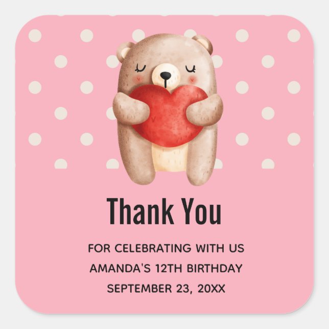 Cute Teddy Bear Carrying a Red Heart Birthday Square Sticker (Front)