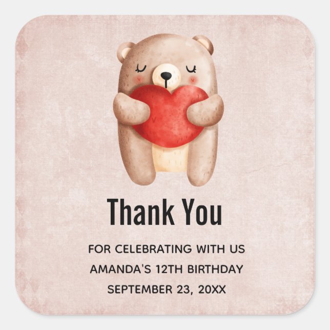 Cute Teddy Bear Carrying a Red Heart Birthday Square Sticker (Front)