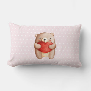Cute Teddy Bear Carrying a Red Heart Lumbar Cushion