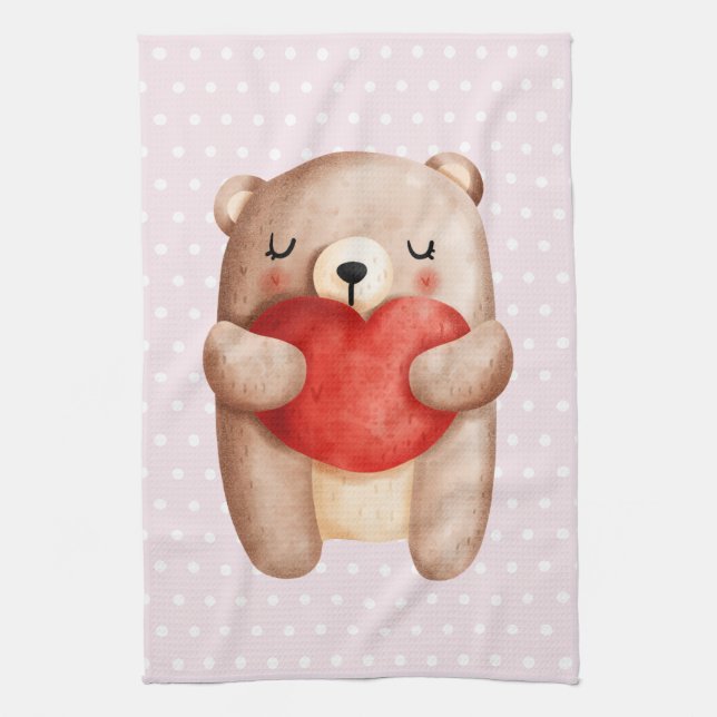 Cute Teddy Bear Carrying a Red Heart on Polka Dots Tea Towel (Vertical)