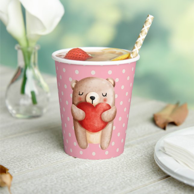 Cute Teddy Bear Carrying a Red Heart Paper Cups (Insitu)