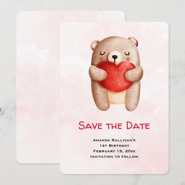 Cute Teddy Bear Carrying a Red Heart Save the Date (Front/Back)