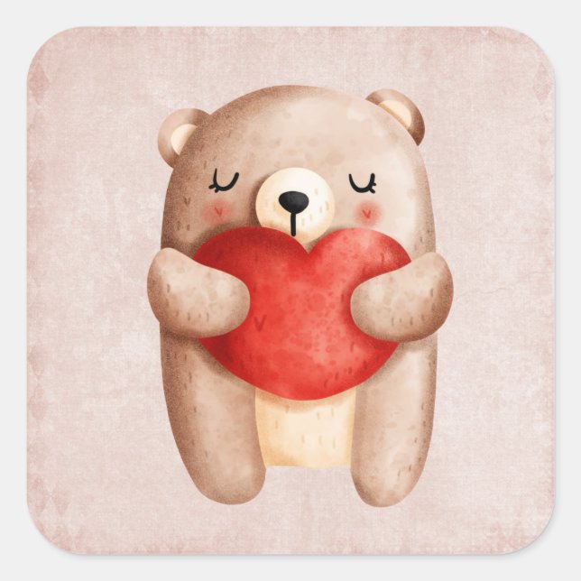 Cute Teddy Bear Carrying a Red Heart Square Sticker (Front)