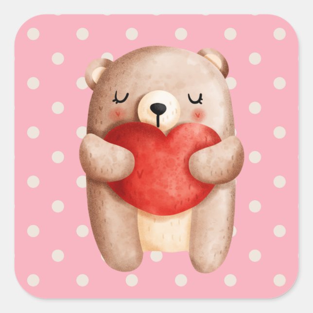 Cute Teddy Bear Carrying a Red Heart Square Sticker (Front)