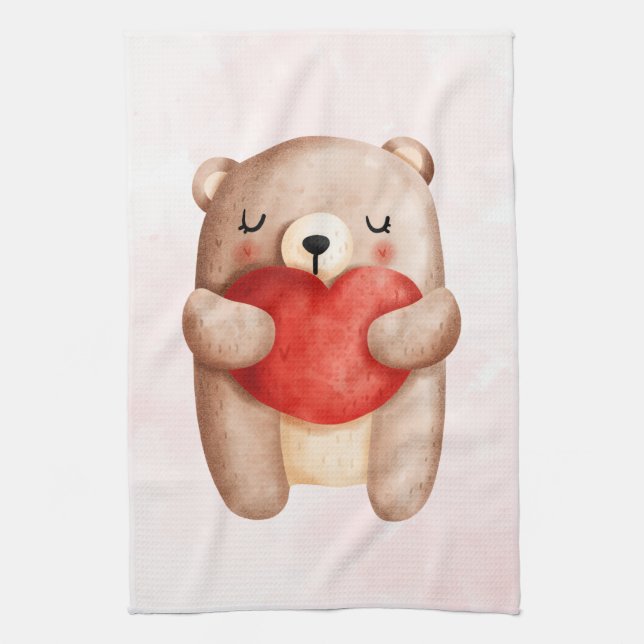 Cute Teddy Bear Carrying a Red Heart Tea Towel (Vertical)