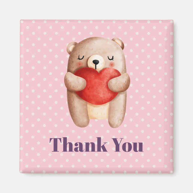 Cute Teddy Bear Carrying a Red Heart Thank You Magnet (Front)