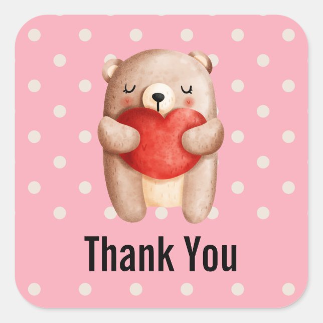 Cute Teddy Bear Carrying a Red Heart Thank You Square Sticker (Front)