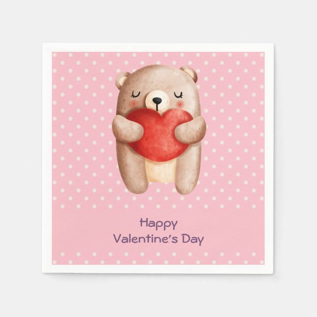 Cute Teddy Bear Carrying a Red Heart Valentine's Napkin (Front)