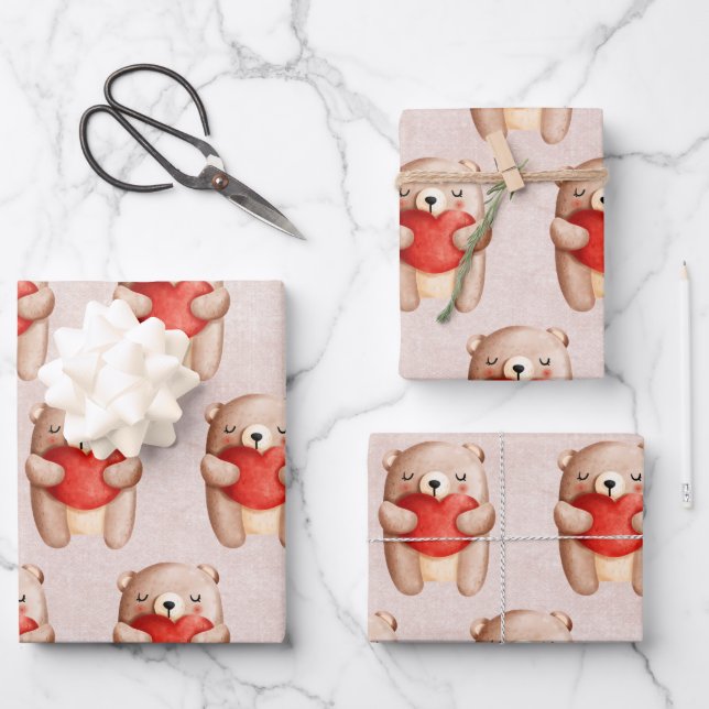 Cute Teddy Bear Carrying a Red Heart Wrapping Paper Sheet (Front)