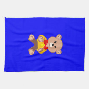 Cute Teddy Bear Cartoon Character on Blue Tea Towel