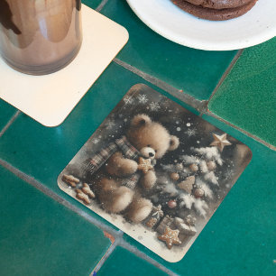 Cute Teddy Bear Christmas Square Paper Coaster