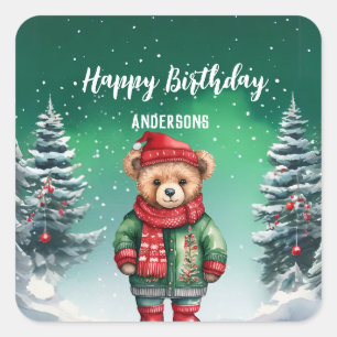 Cute teddy bear Christmas tree birthday girl party Square Sticker