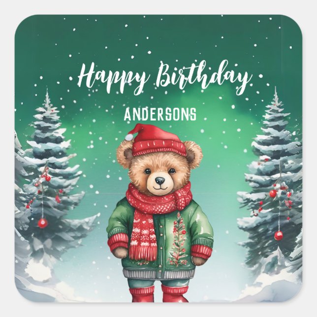 Cute teddy bear Christmas tree birthday girl party Square Sticker (Front)