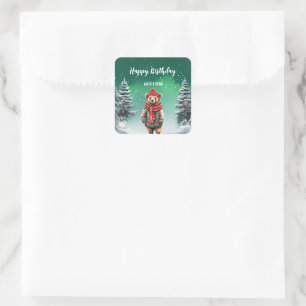 Cute teddy Bear Christmas tree birthday girl party Square Sticker