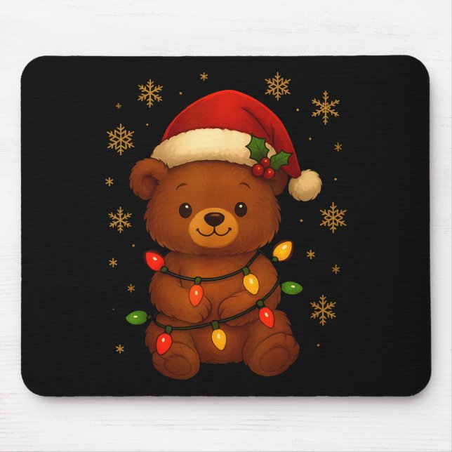 Cute Teddy Bear Christmas Tree Lights Santa Hat Fu Mouse Pad (Front)