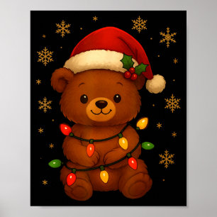 Cute Teddy Bear Christmas Tree Lights Santa Hat Fu Poster