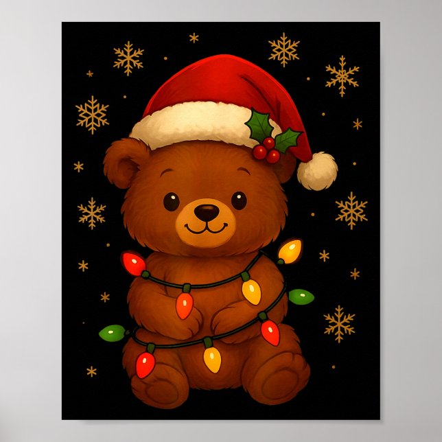 Cute Teddy Bear Christmas Tree Lights Santa Hat Fu Poster (Front)