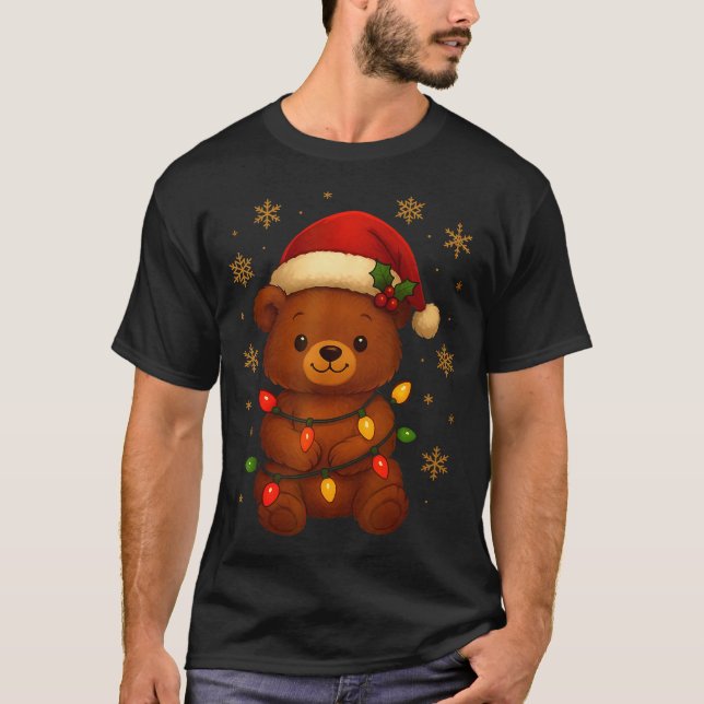 Cute Teddy Bear Christmas Tree Lights Santa Hat Fu T-Shirt (Front)