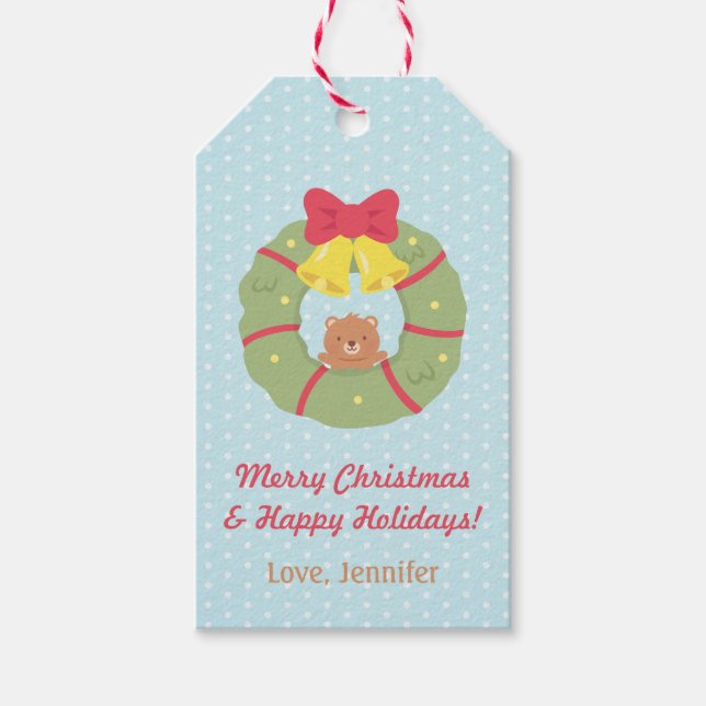Cute Teddy Bear Christmas Wreath Gift Tag (Front)