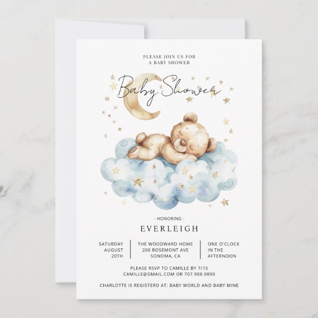 Cute Teddy Bear Cloud Moon Baby Shower Invitation (Front)