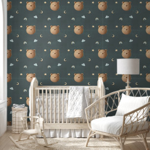 Cute Teddy Bear Clouds Davy Grey Dreamy Nursery Wallpaper