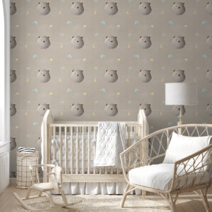 Cute Teddy Bear Clouds Soft Amber Dreamy Nursery  Wallpaper