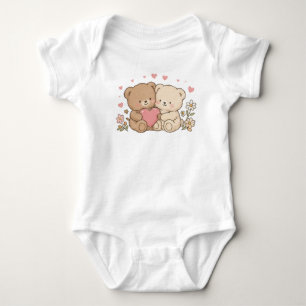 Cute Teddy Bear Couple Holding Heart Daisy Flower Baby Bodysuit