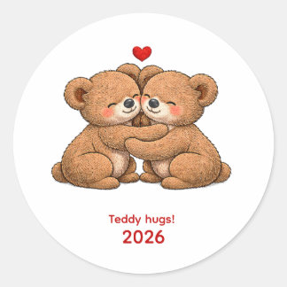 Cute Teddy Bear Couple in Love – Embroidered Style Classic Round Sticker