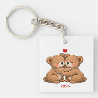 Cute Teddy Bear Couple in Love – Embroidered Style Key Ring