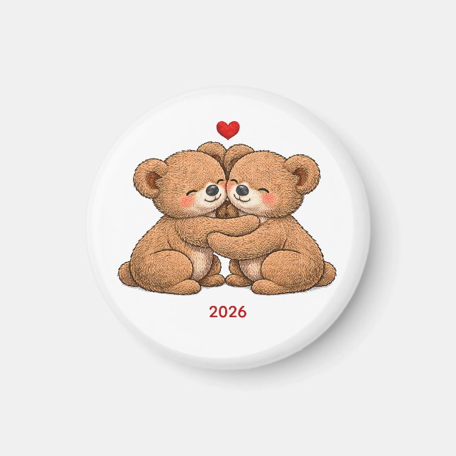 Cute Teddy Bear Couple in Love – Embroidered Style Magnet (Front)