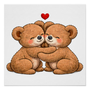 Cute Teddy Bear Couple in Love – Embroidered Style Poster