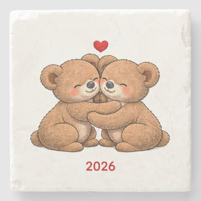 Cute Teddy Bear Couple in Love – Embroidered Style Stone Coaster (Front)