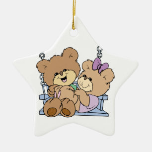 cute teddy bear couple romance on bench swing ceramic ornament